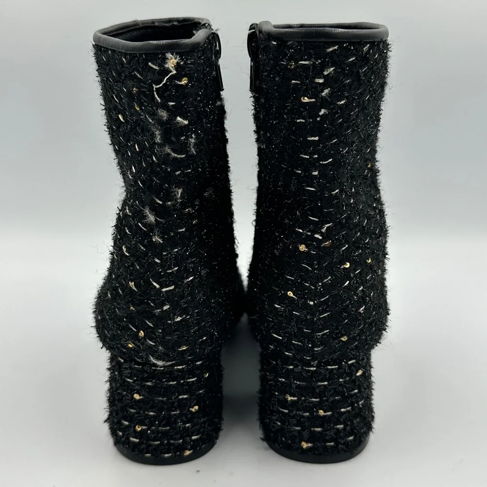 Steve Madden Eiffel Tweed Ankle Boots 7.5 Black Gold Sequin Cap Toe Block Heel